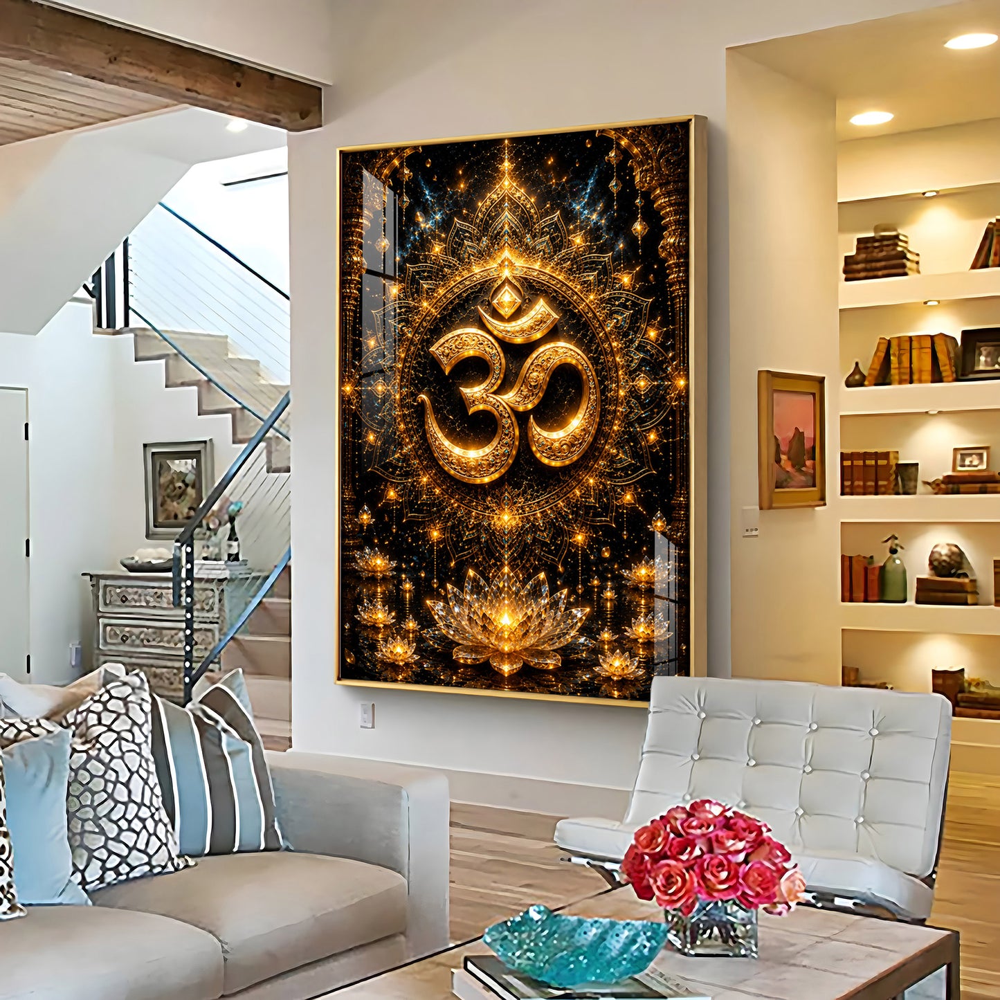 Golden Om Symbol Premium Acrylic Vertical Wall Art