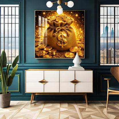 Golden Money Bag Premium Acrylic Square Wall Art