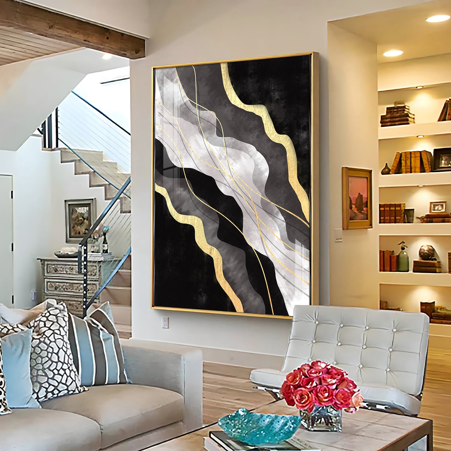 Golden Veins on Black Premium Acrylic Vertical Wall Art