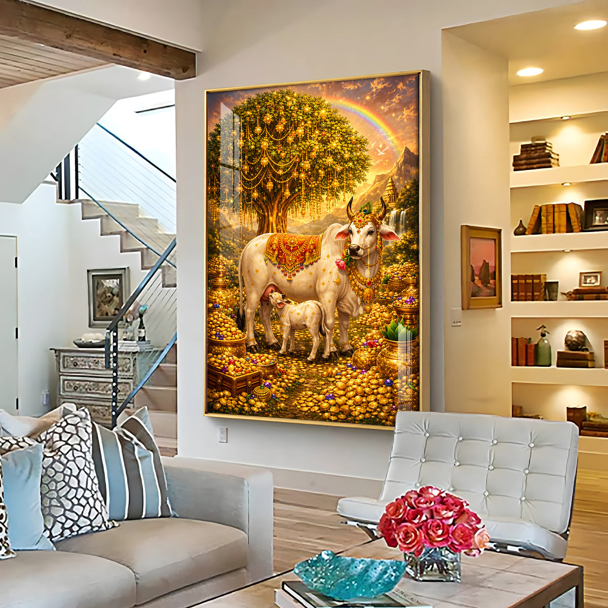Golden Kamadhenu Wish-Fulfilling Cow Premium Acrylic Vertical Wall Art