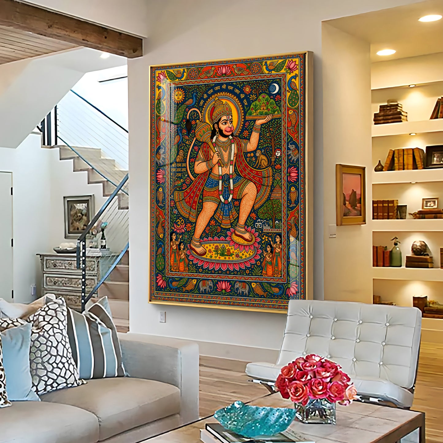 Madhubani Lord Hanuman Premium Acrylic Vertical Wall Art