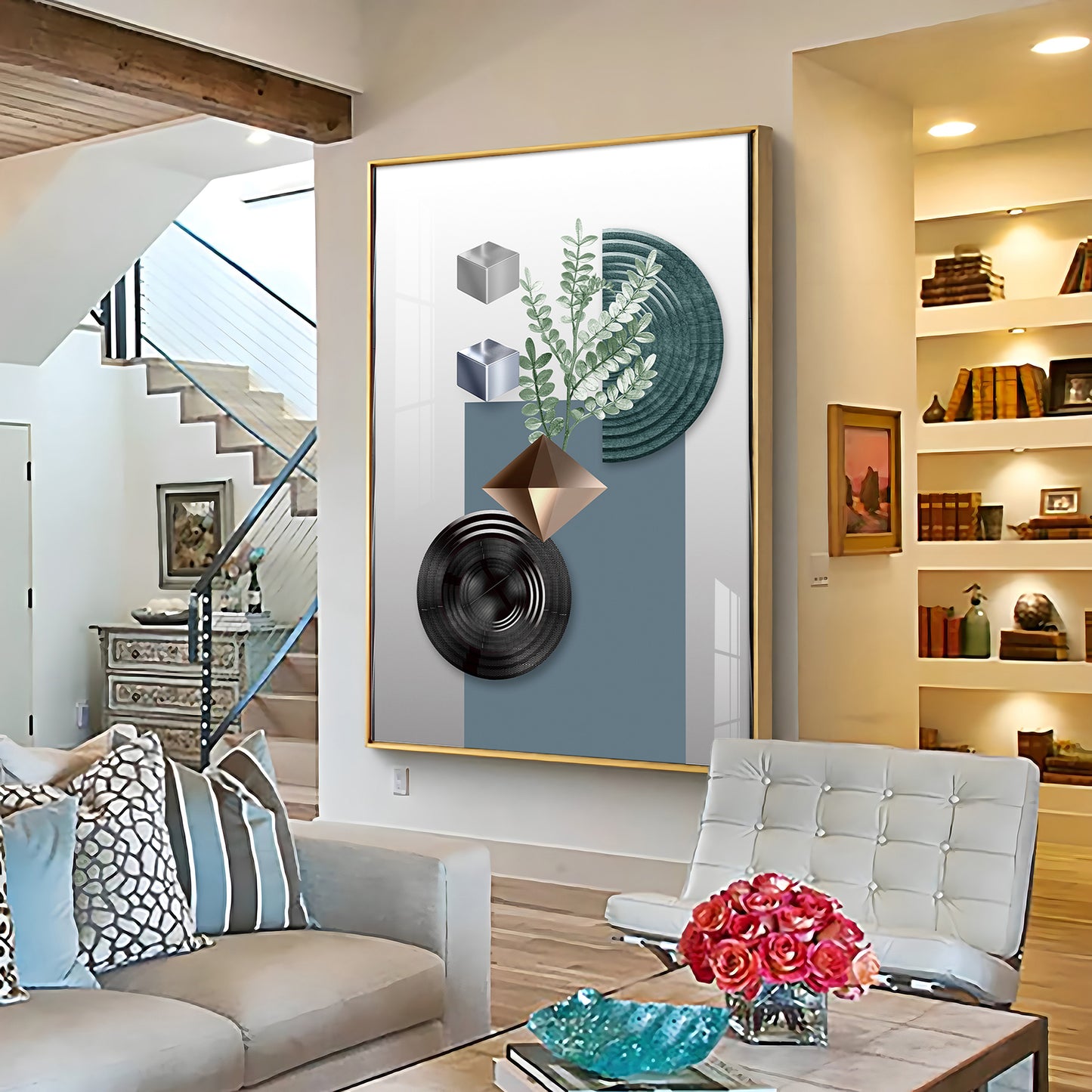 Geometric Art With Leafs Premium Acrylic Vertical Wall Art