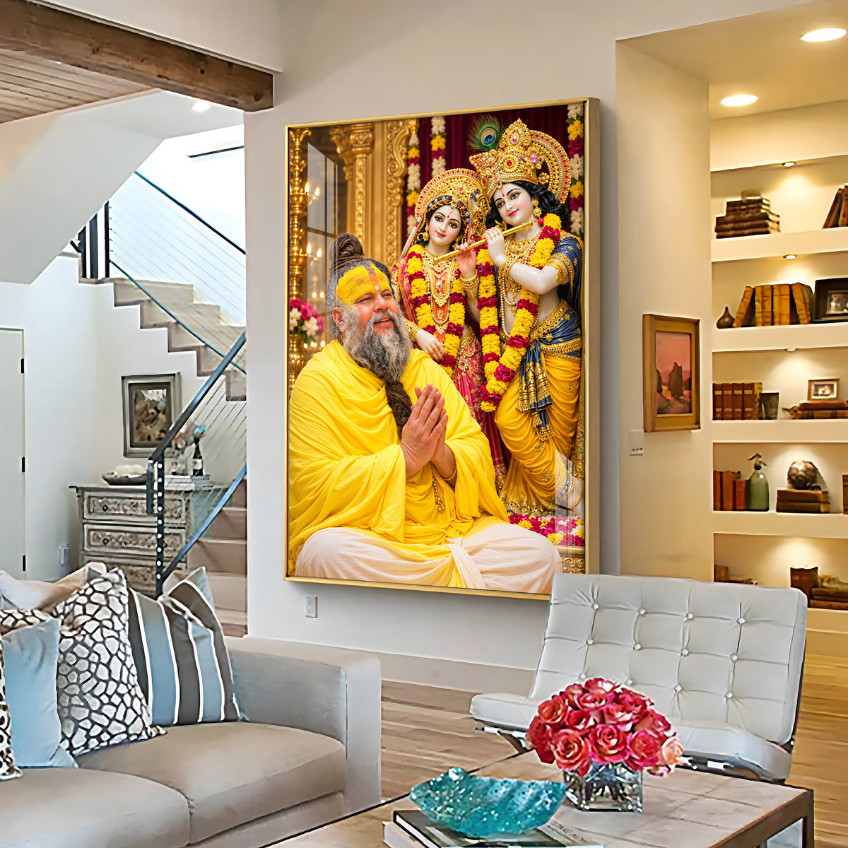 Premanand maharaj With Radhe Krishna Premium Acrylic Vertical Wall Art