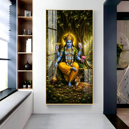 Divine Lord Vishnu In Forest Premium Acrylic Vertical Wall Art