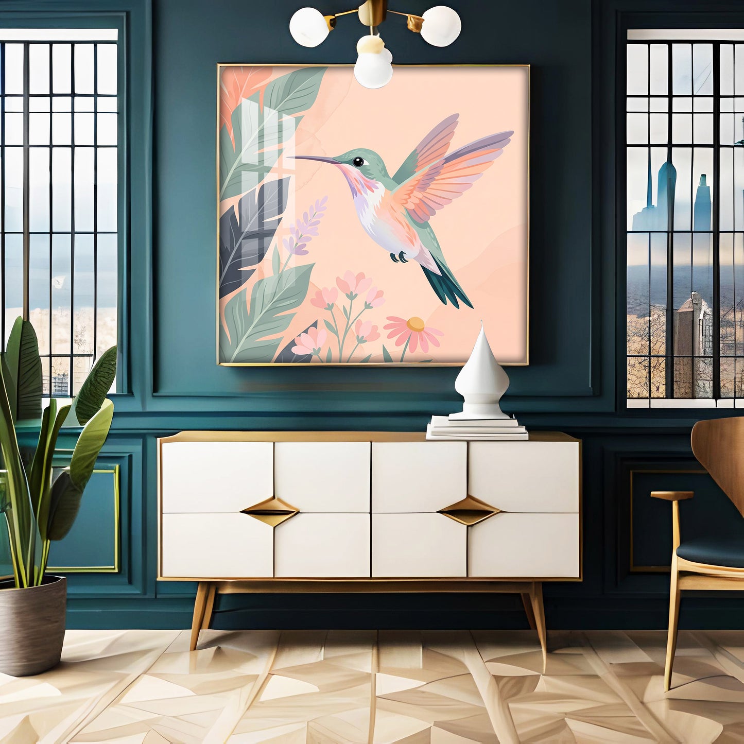 Hummingbird In Flight & Flowers Premium Acrylic Square Wall Art