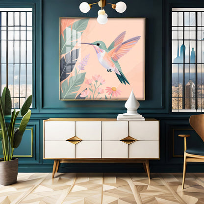 Hummingbird In Flight & Flowers Premium Acrylic Square Wall Art
