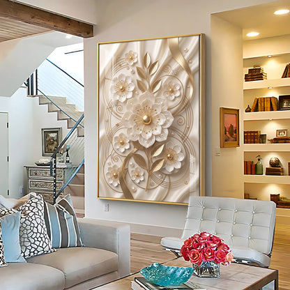 White & Gold Floral Carving Premium Acrylic Vertical Wall Art