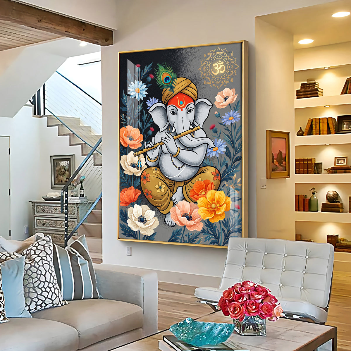 Lord Ganesha Playing Flute Premium Acrylic Vertical Wall Art