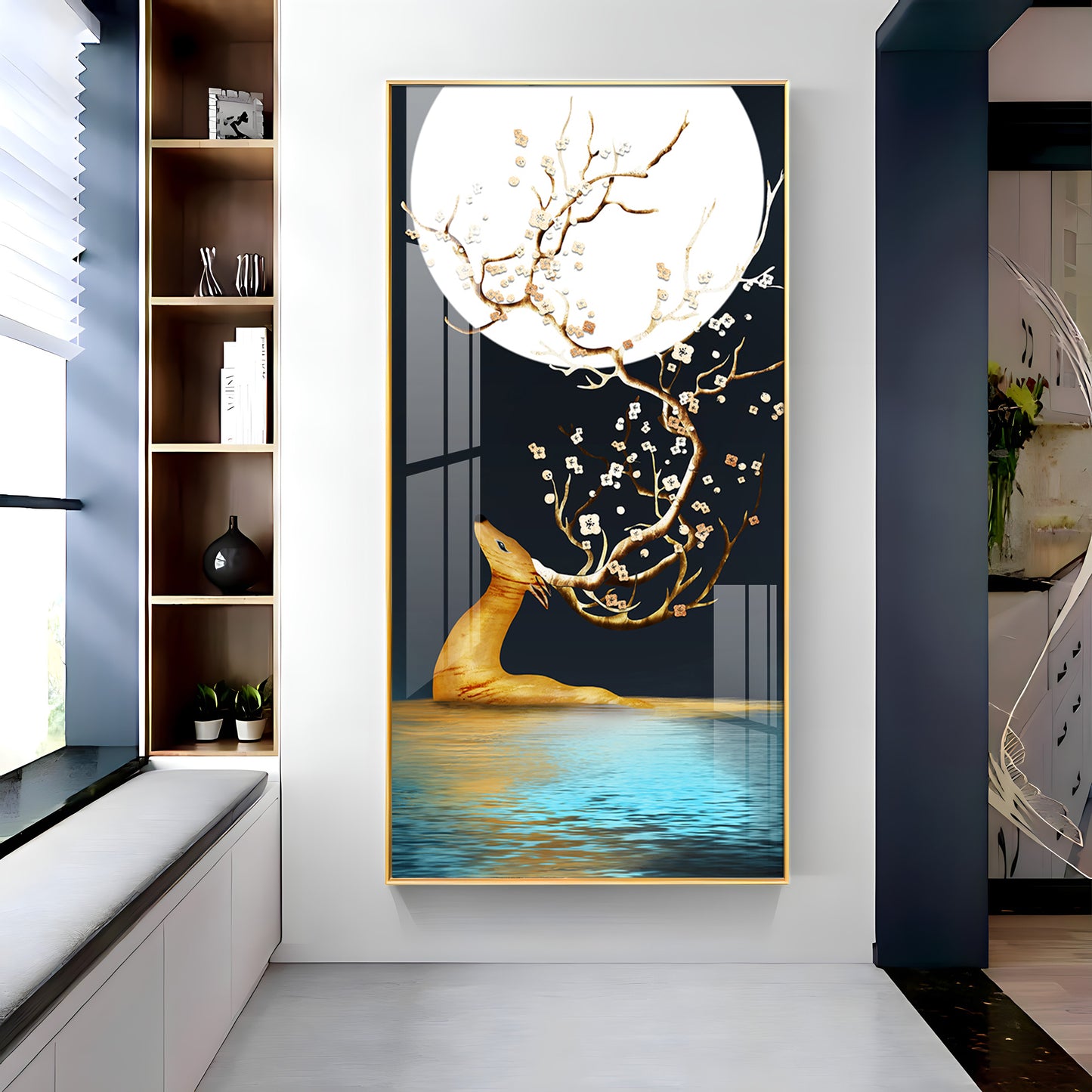 Golden Deer With Full Moon Premium Acrylic Vertical Wall Art