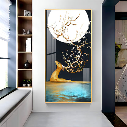 Golden Deer With Full Moon Premium Acrylic Vertical Wall Art