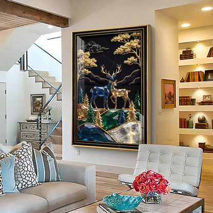 Pair Of Golden & Blue Deer Premium Acrylic Vertical Wall Art