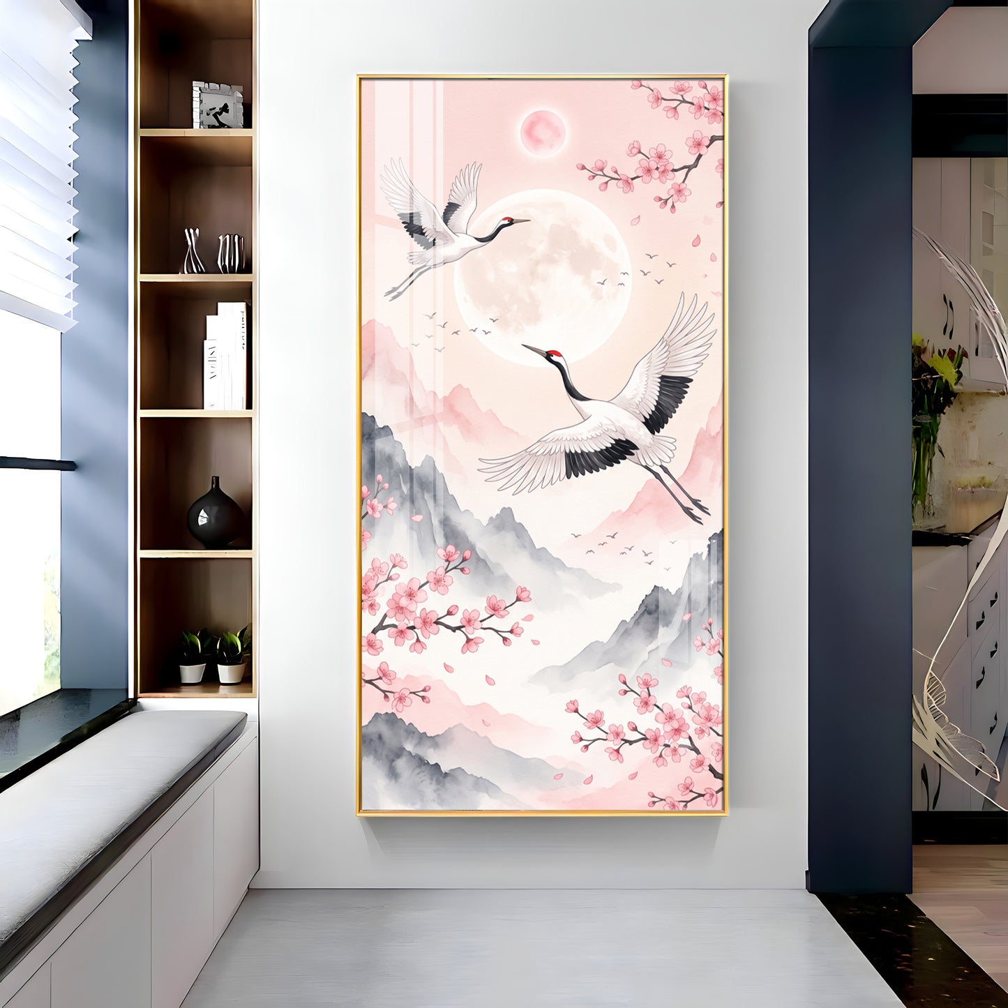 Flying Crane Birds & Cherry Blossom Premium Acrylic Vertical Wall Art