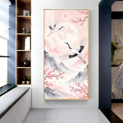 Flying Crane Birds & Cherry Blossom Premium Acrylic Vertical Wall Art