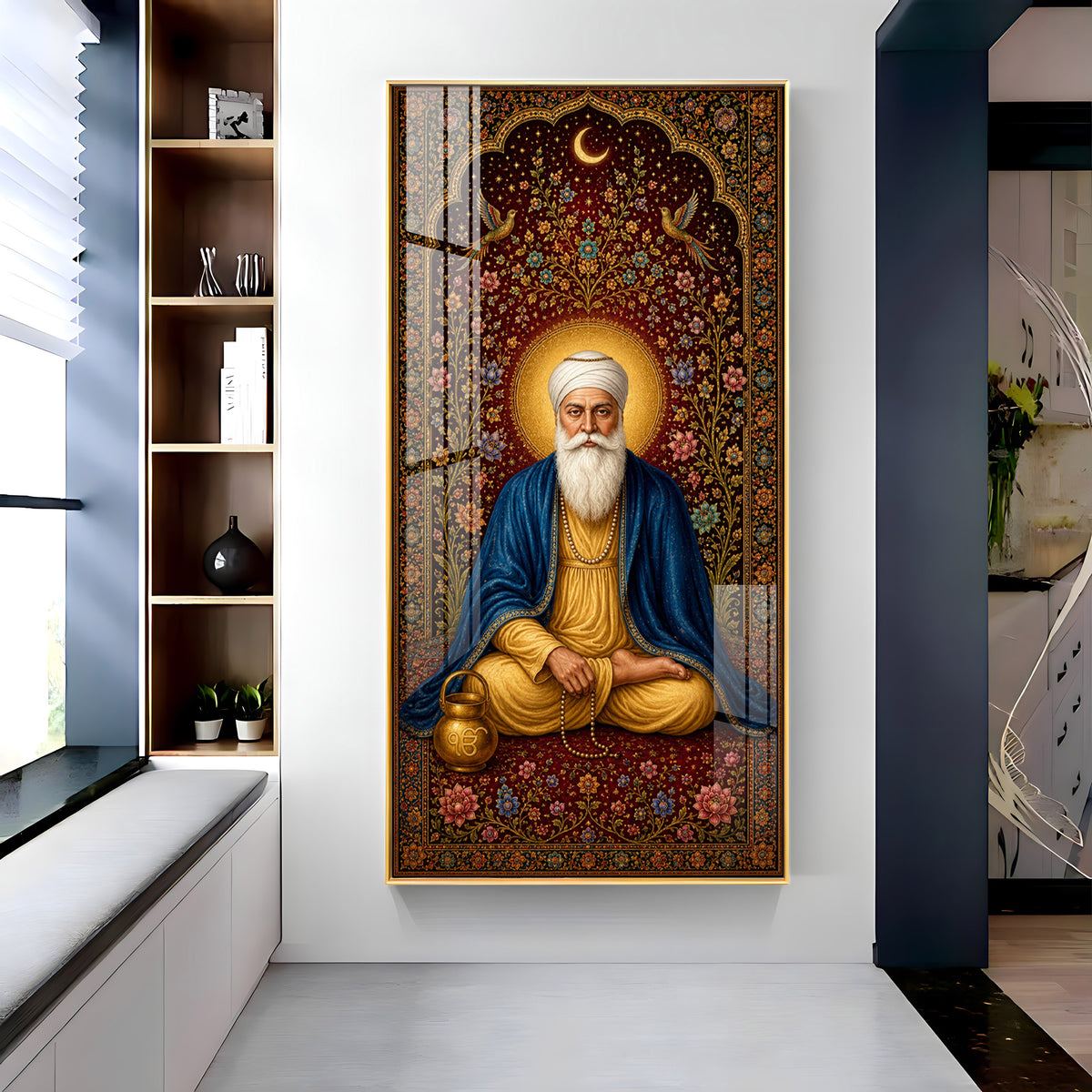 Guru Nanak Dev Ji Seated Meditation Blue Shawl Premium Acrylic Vertical Wall Art
