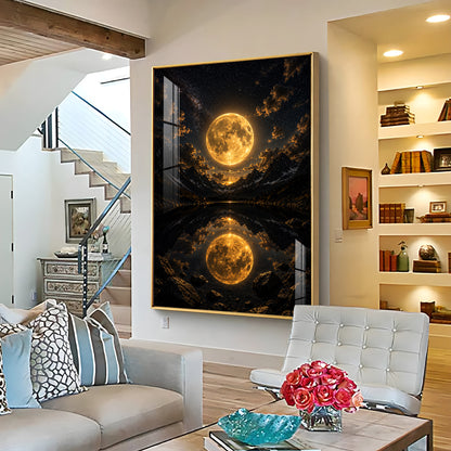 Luminous Supermoon & Mountain Lake Reflection Premium Acrylic Vertical Wall Art