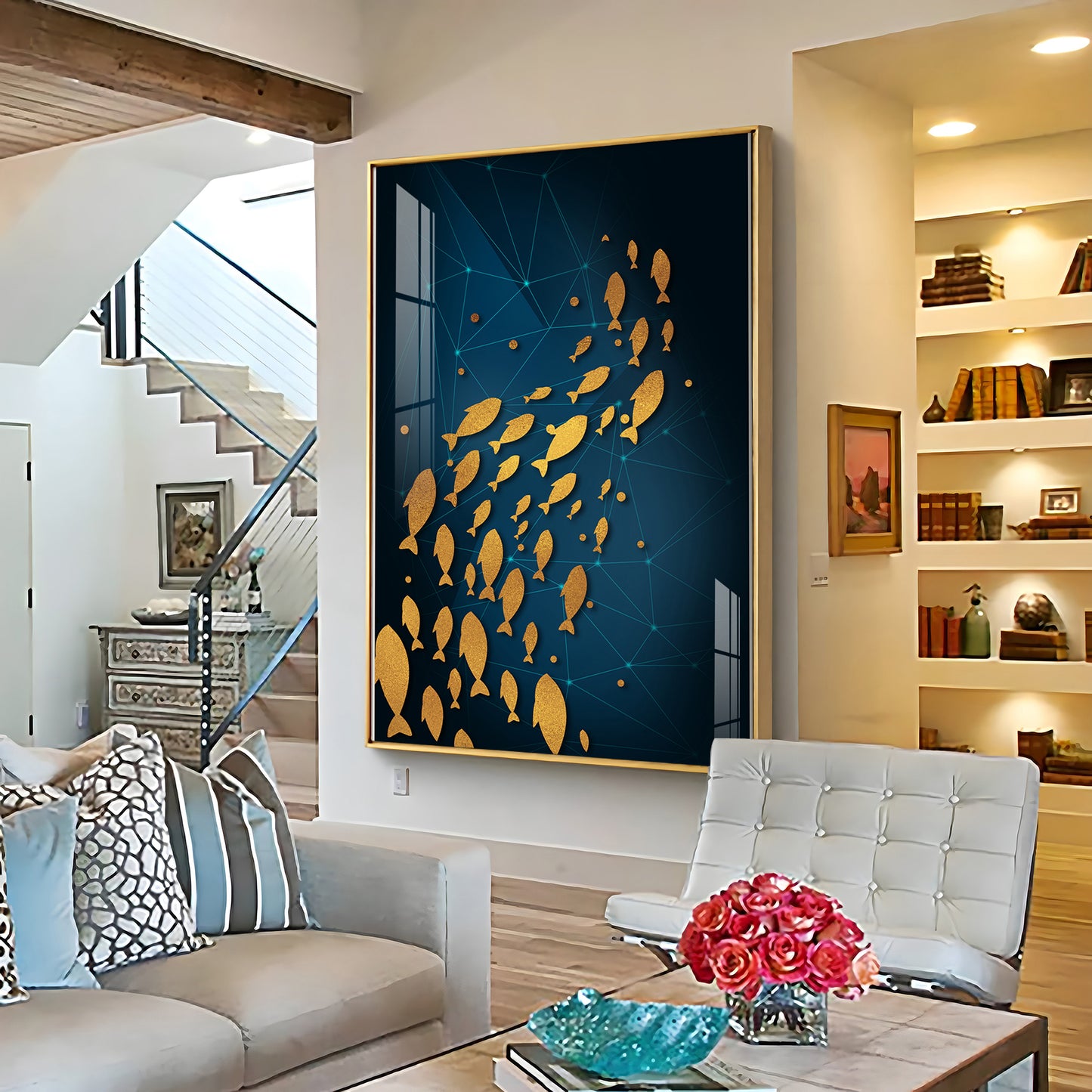 Beautiful Gold Fishes In Ocean Premium Acrylic Vertical Wall Art