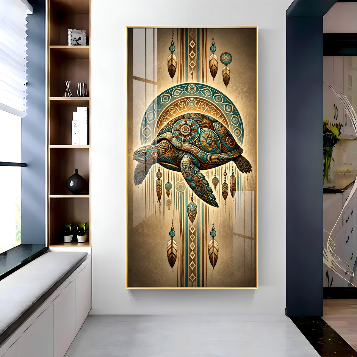Tribal Patterned Sea Turtle & Feathers Premium Acrylic Vertical Wall Art