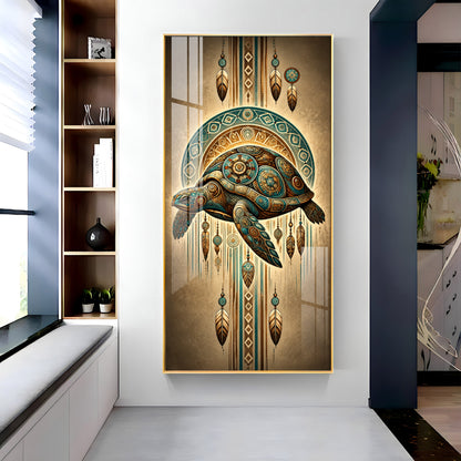 Tribal Patterned Sea Turtle & Feathers Premium Acrylic Vertical Wall Art