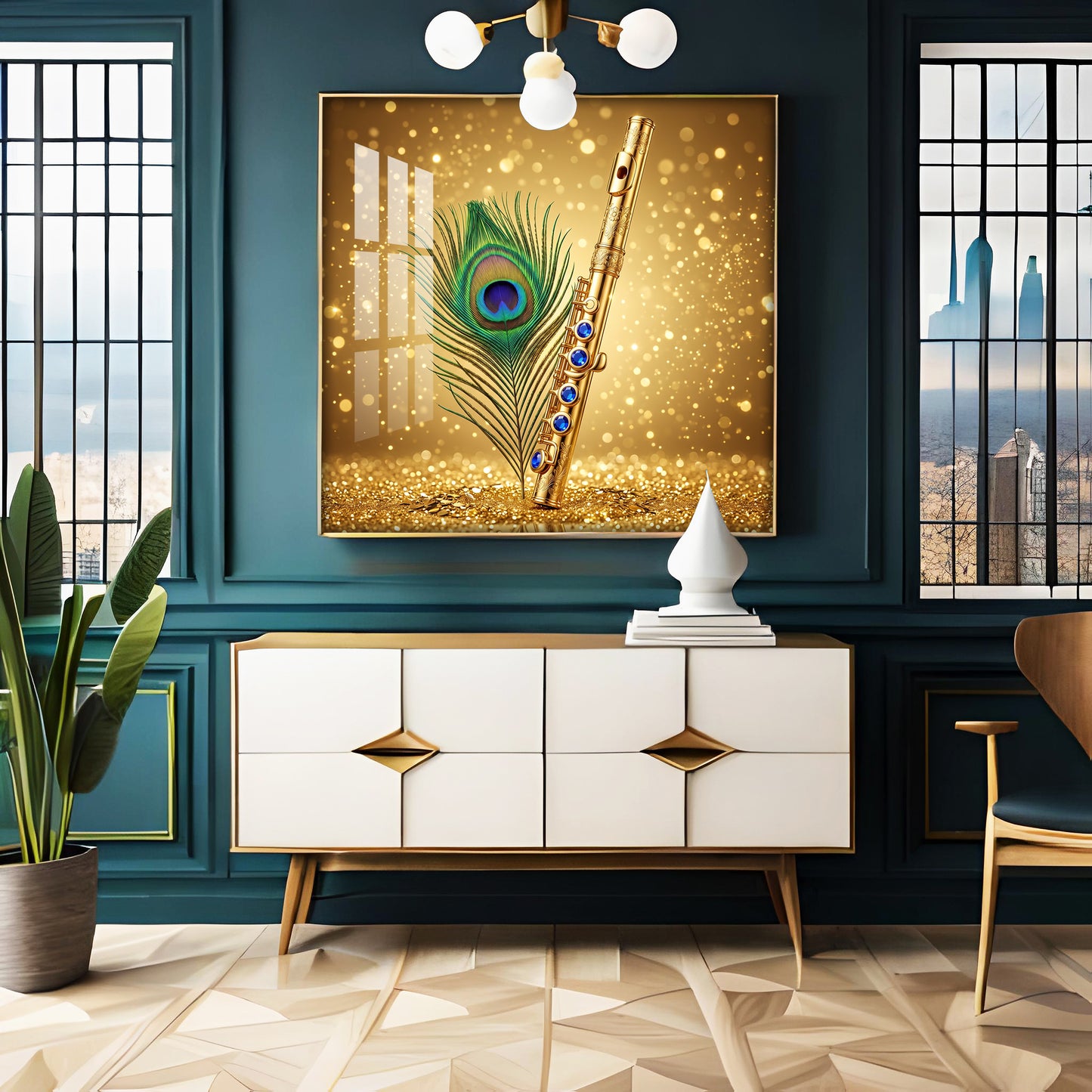 Flute With Peacock Feather Premium Acrylic Square Wall Art