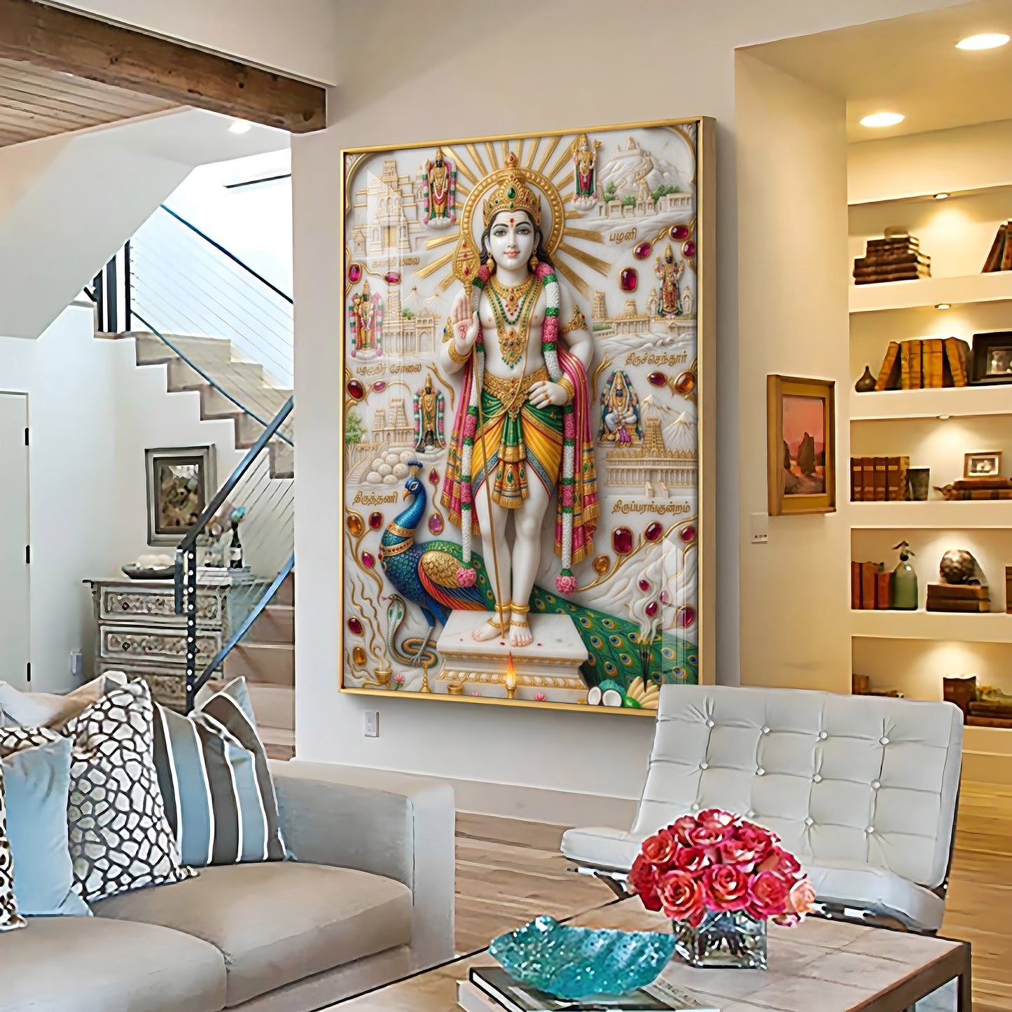 Lord Kartikeya With Peacock Premium Acrylic Vertical Wall Art