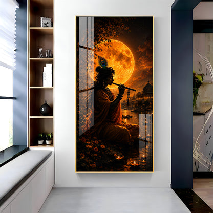 Lord Krishna Under Golden Full Moon Premium Acrylic Vertical Wall Art