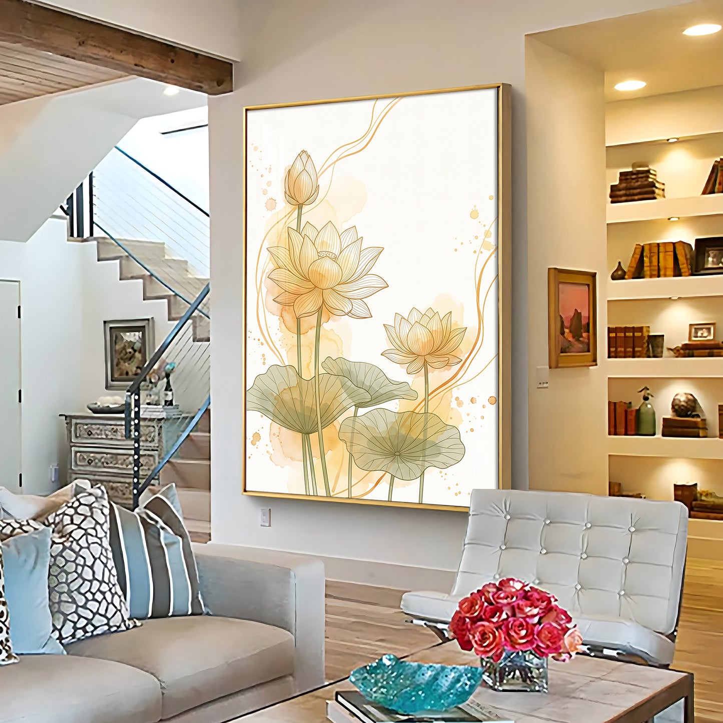 Golden Lotus Line Art Premium Acrylic Vertical Wall Art