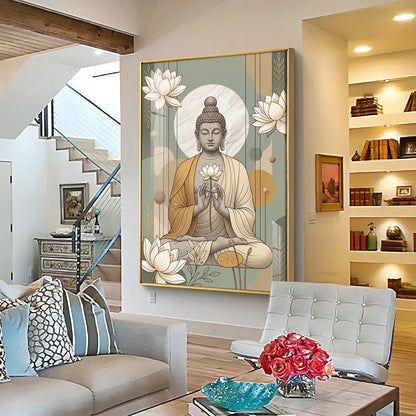 Meditating Buddha & White Lotus Premium Acrylic Vertical Wall Art