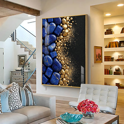 Royal Blue Stones & Gold Pebble Premium Acrylic Vertical Wall Art