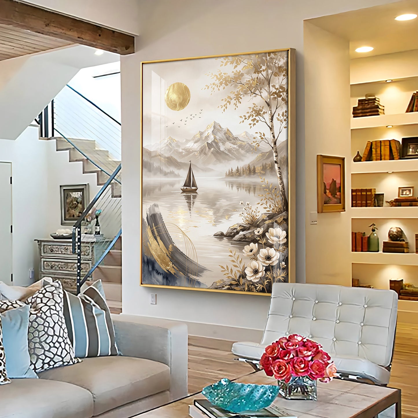 Abstract Lake Sailboat & Mountain Landscape Premium Acrylic Vertical Wall Art