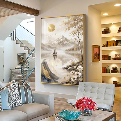 Abstract Lake Sailboat & Mountain Landscape Premium Acrylic Vertical Wall Art