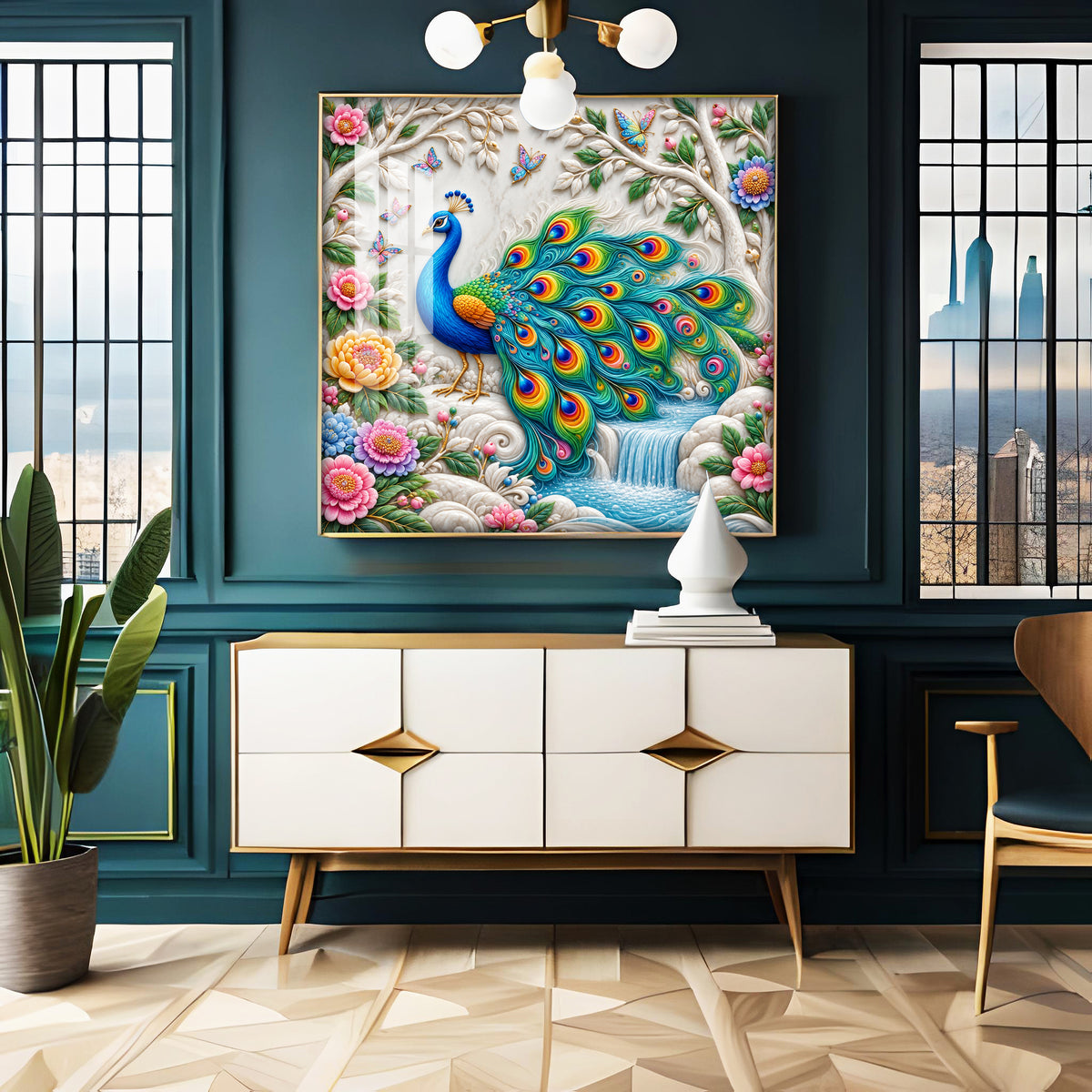 Peacock With Nature Premium Acrylic Square Wall Art