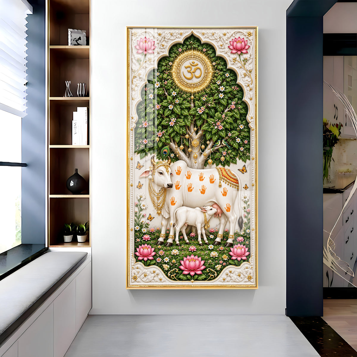 Kamdhenu Cow With Calf Premium Acrylic Vertical Wall Art