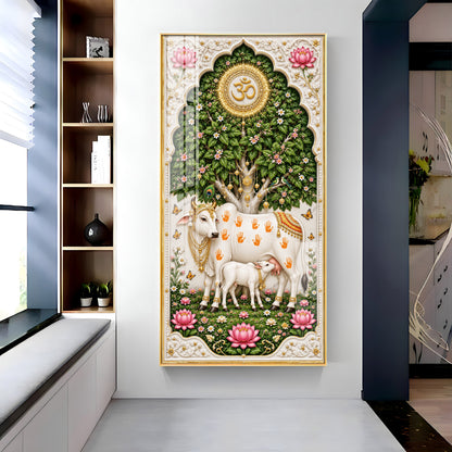 Kamdhenu Cow With Calf Premium Acrylic Vertical Wall Art