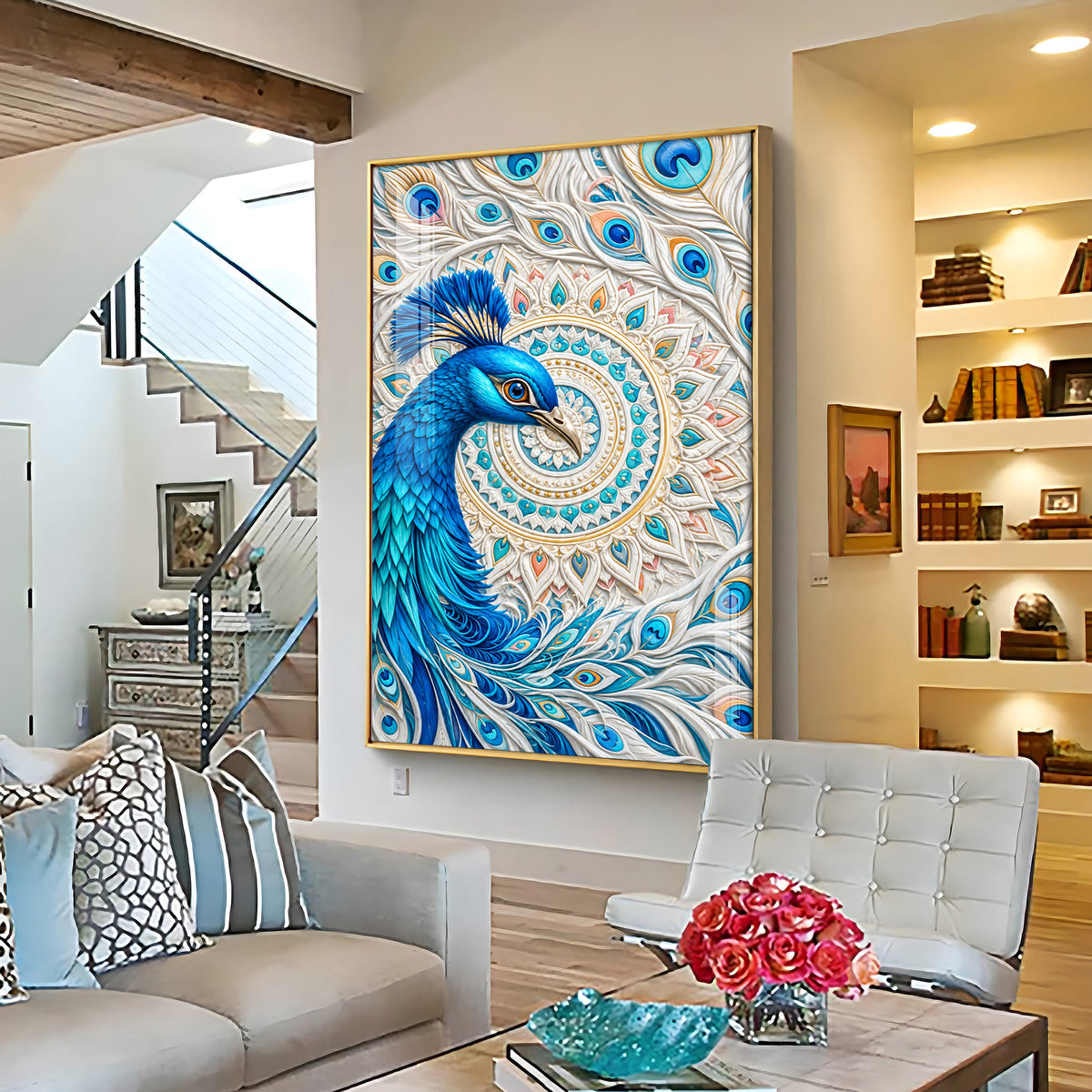 Majestic Blue Peacock Premium Acrylic Vertical Wall Art