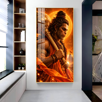Hanuman With Golden Gada Premium Acrylic Vertical Wall Art