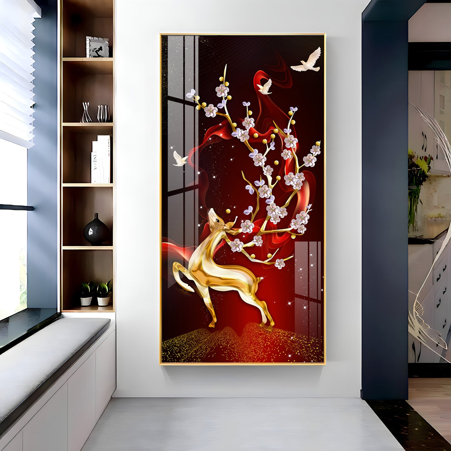 Golden Deer With Red Background Premium Acrylic Vertical Wall Art