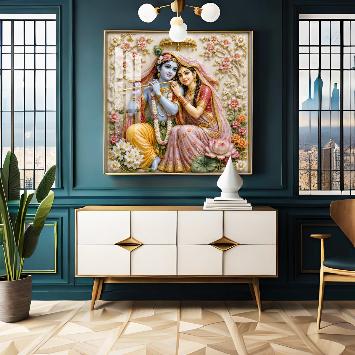 Radha Krishna Floral Premium Acrylic Square Wall Art