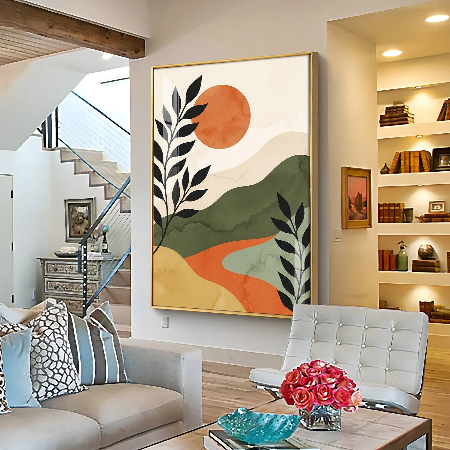 Earth-Toned Mountains & Red Moon Premium Acrylic Vertical Wall Art