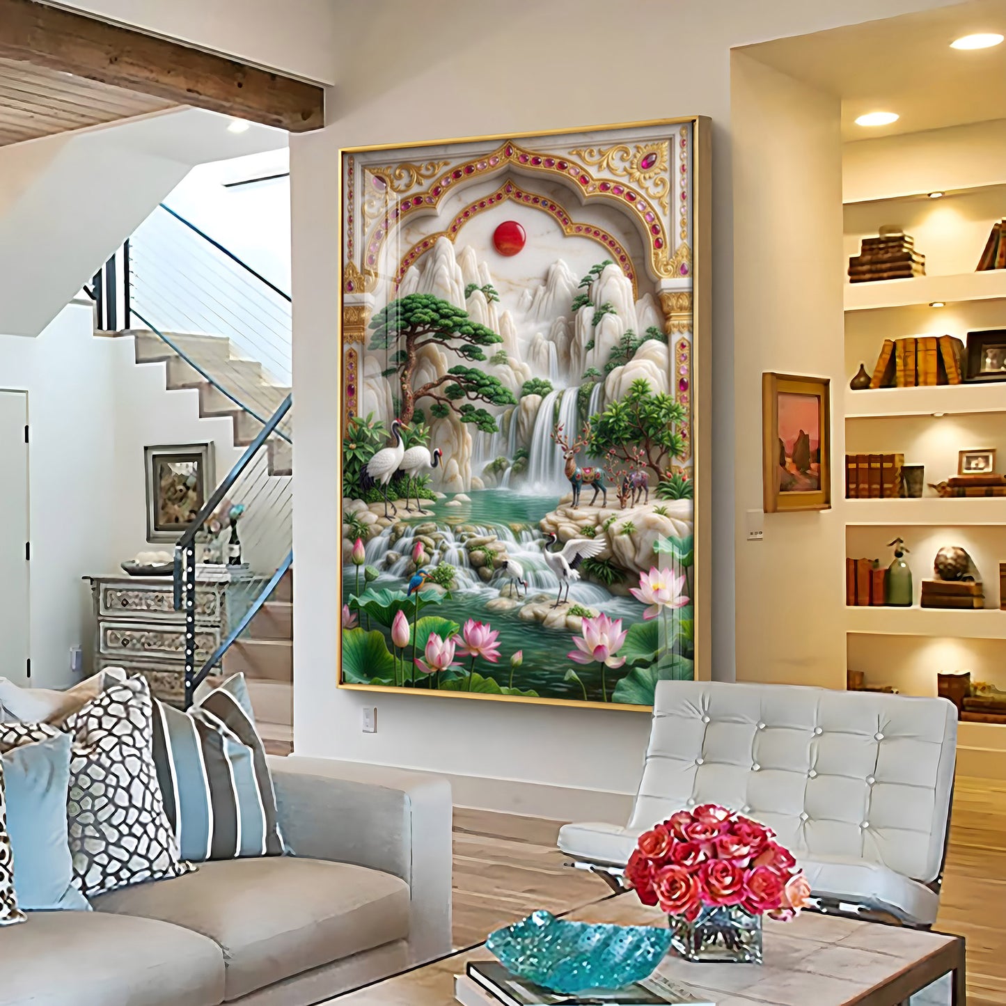 Sunrise Mountains Waterfall Premium Acrylic Vertical Wall Art