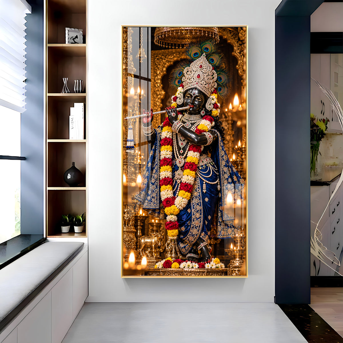 Krishna with Flute in Sanctuary Premium Acrylic Vertical Wall Art