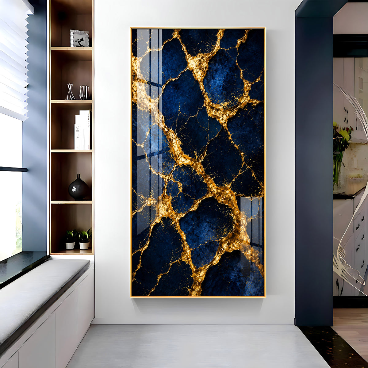 Luxurious Blue & Gold Cracked Marble Premium Acrylic Vertical Wall Art