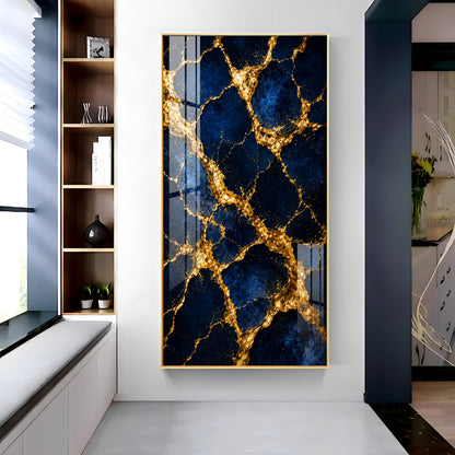 Luxurious Blue & Gold Cracked Marble Premium Acrylic Vertical Wall Art