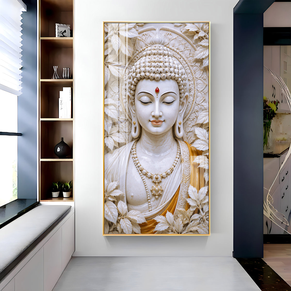 Meditating White Buddha Premium Acrylic Vertical Wall Art