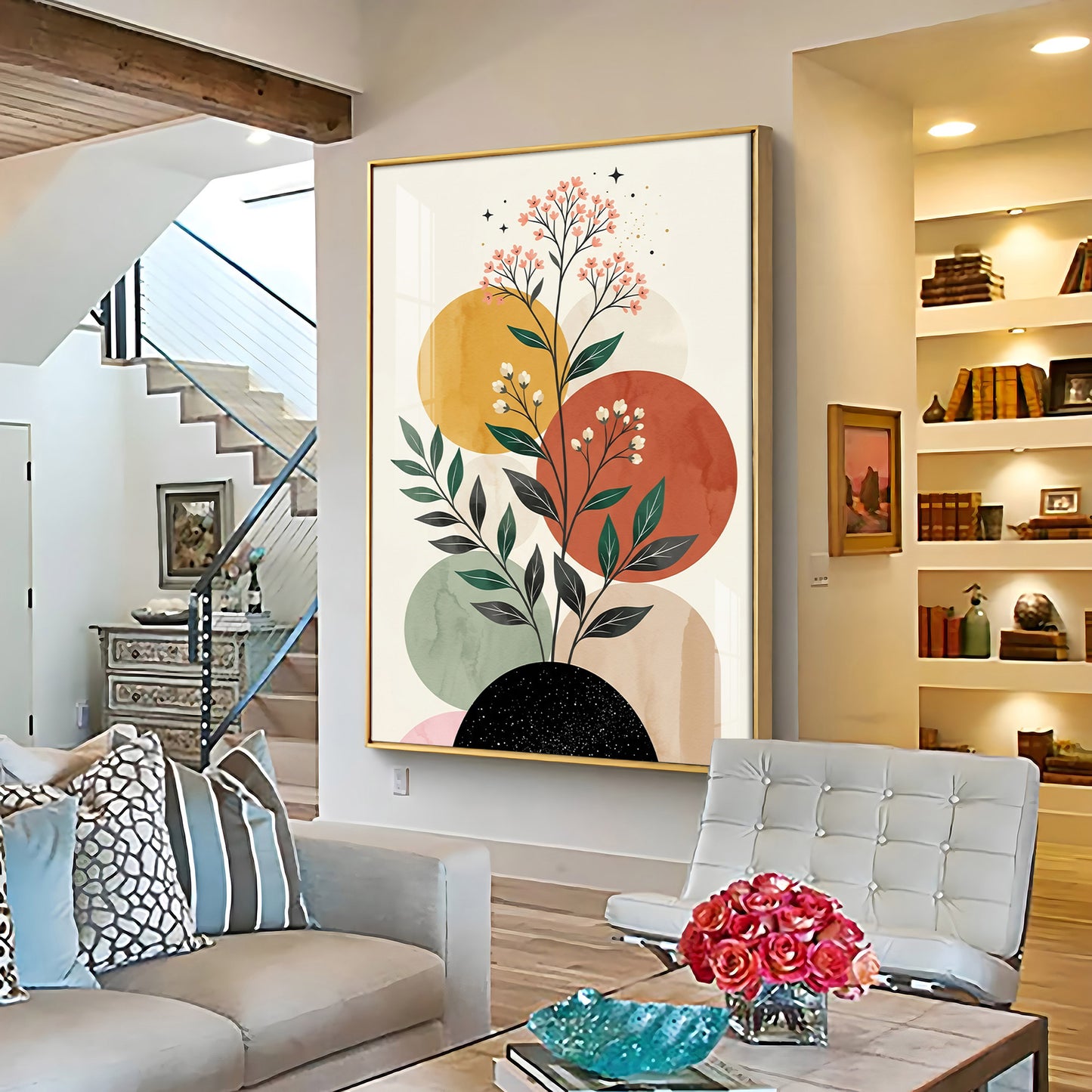 Floral Against Muted Circular Shapes Premium Acrylic Vertical Wall Art