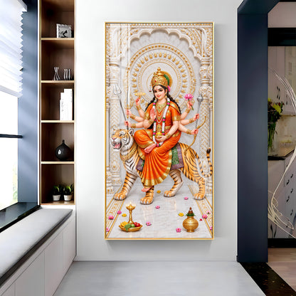 Durga Mata In Orange Attire Premium Acrylic Vertical Wall Art