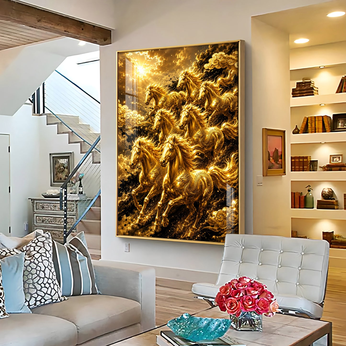 Golden Seven Horses Premium Acrylic Vertical Wall Art