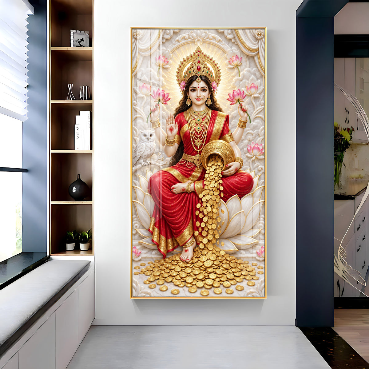 Goddess Laxmi With Gold Coins Premium Acrylic Vertical Wall Art