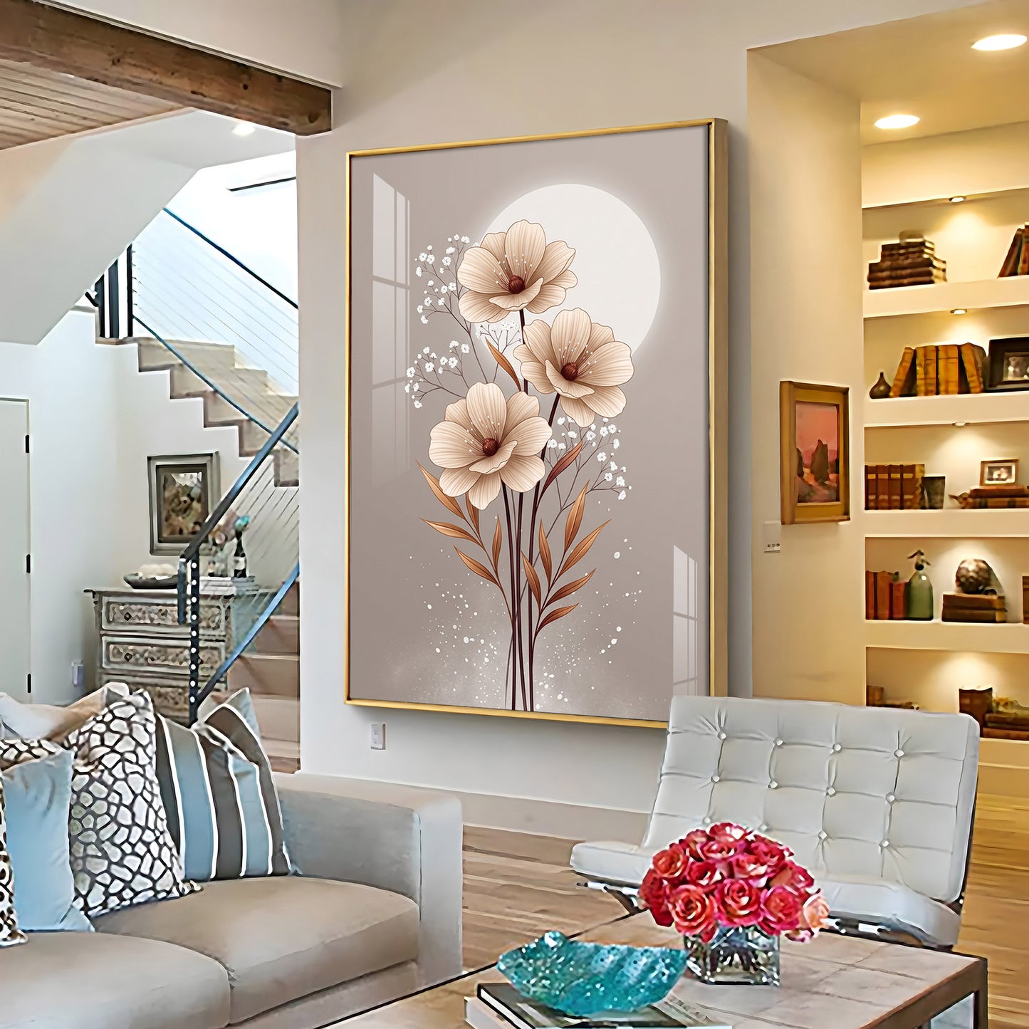 Soft Floral Bouquet & Moon Premium Acrylic Vertical Wall Art