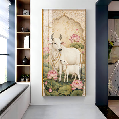 Divine Kamdhenu Cow with Calf Traditional Lotus Premium Acrylic Vertical Wall Art