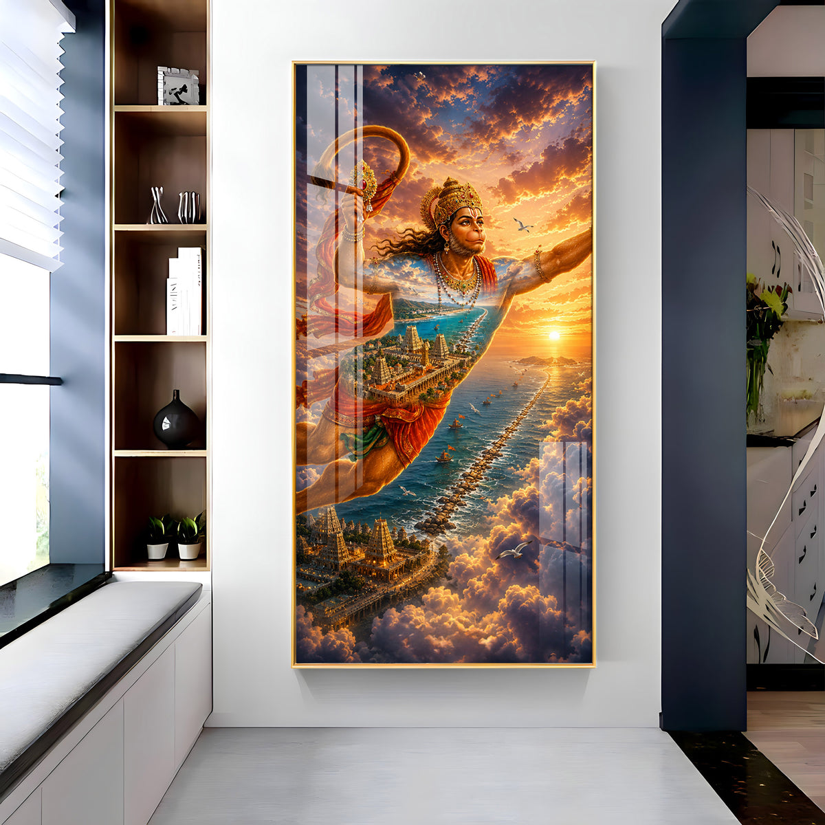 Lord Hanuman Flying Over Ocean Ram Setu Premium Acrylic Vertical Wall Art